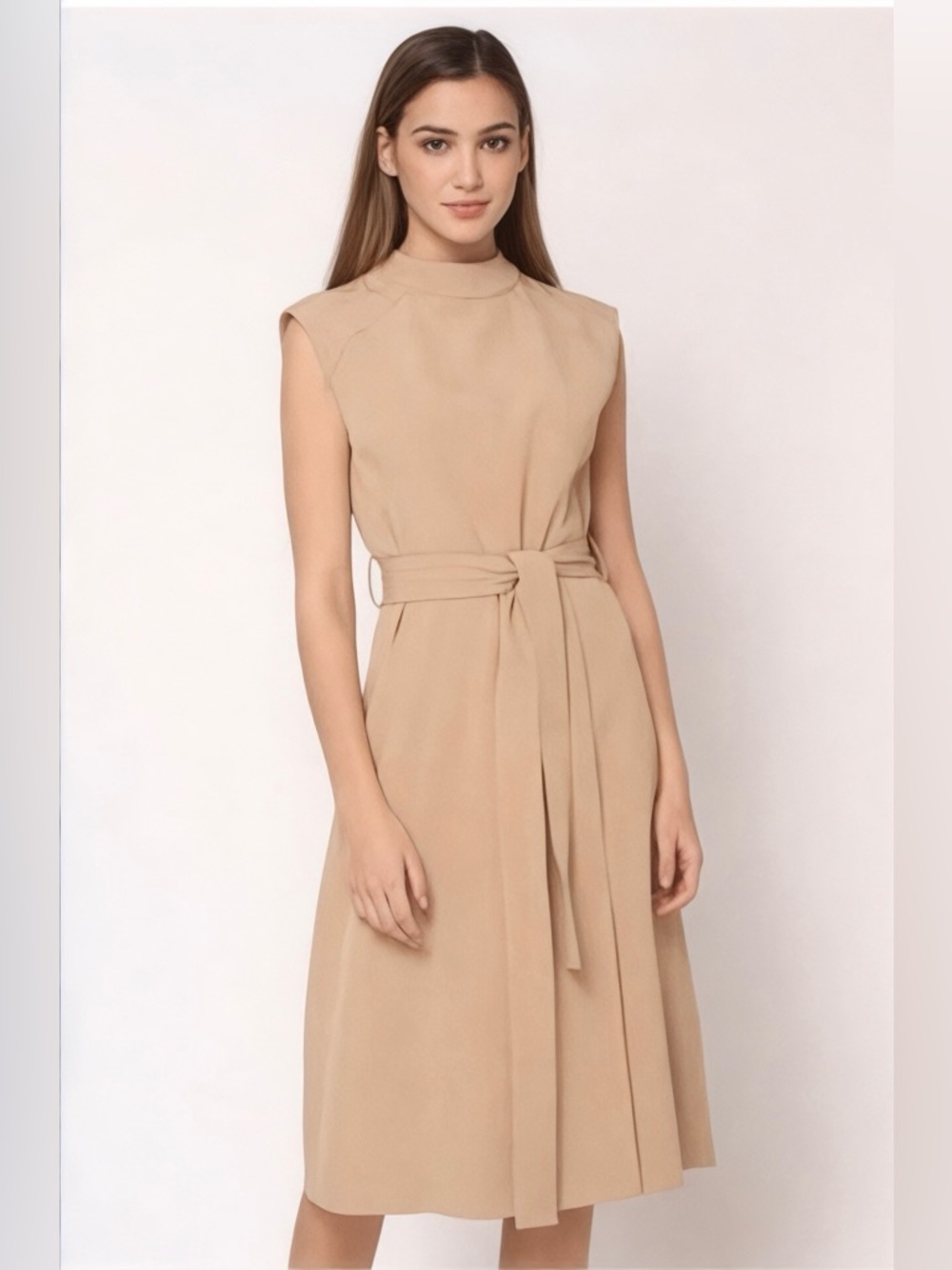 Gracia Beige Sleeveless Midi Dress L Belted Mock Neck Slit Front Minimalist